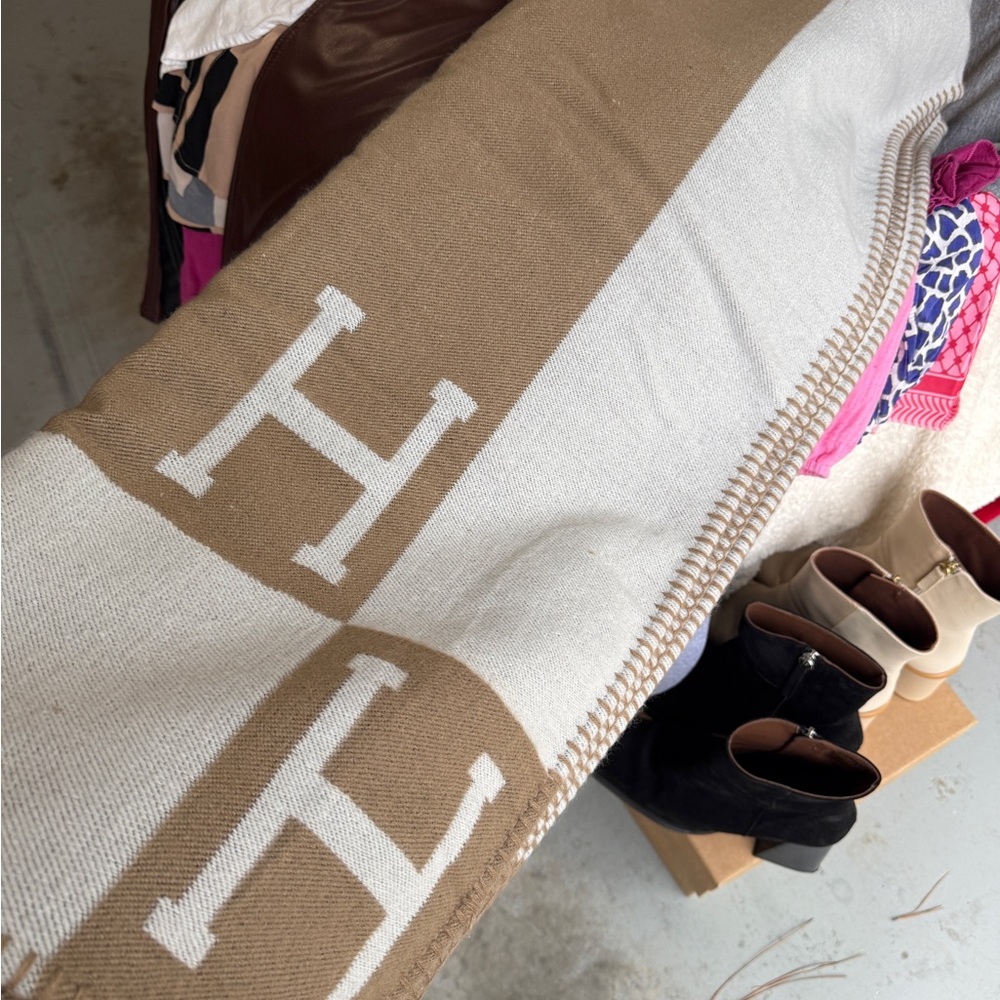 Tan and White H Blanket